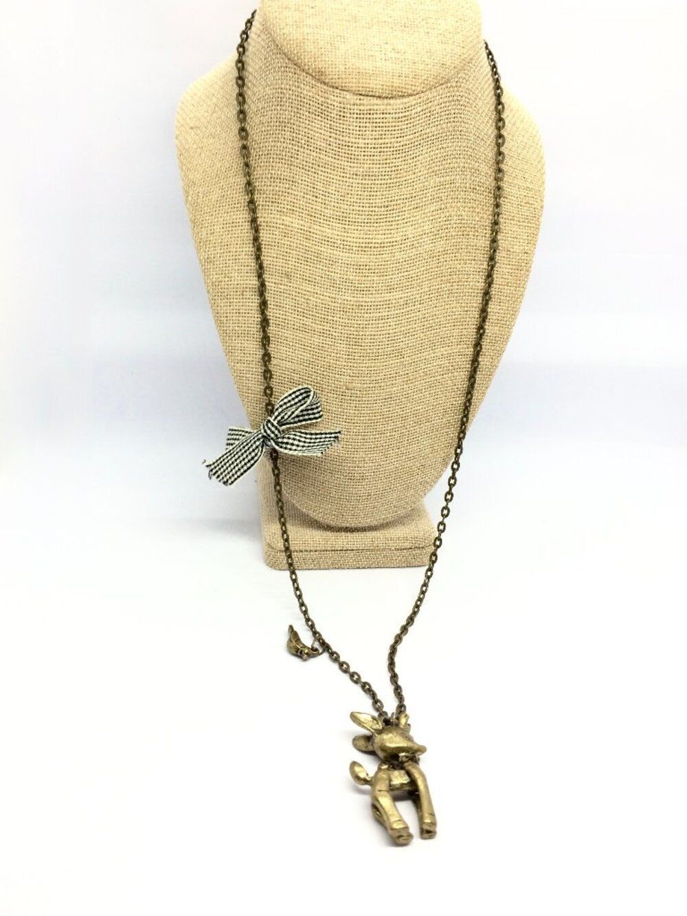 VINTAGE WHIMSICAL DEER Necklace Brass Tone Animal Charm Bird Bow Cottage